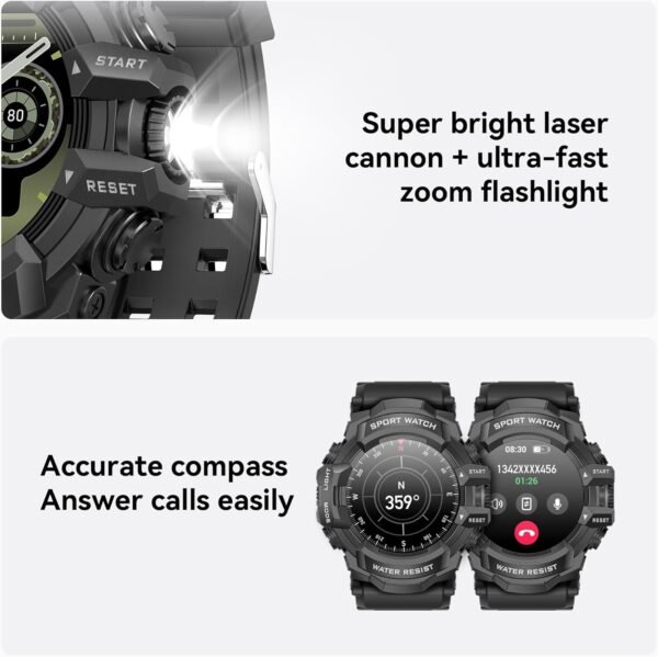 MIDDOW Military Smart Watch with Flashlight (Answer/Make Cal...
