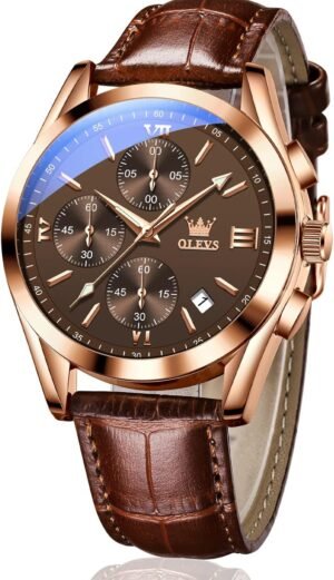OLEVS Men's Chronograph Quartz Watches, Leather Strap Gold C...