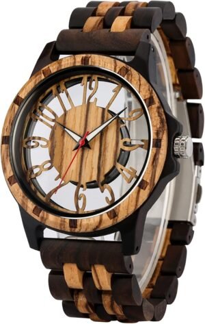 Brown Deep Black Ebony Zebra Wooden Quartz Men's Watch,Foldo...