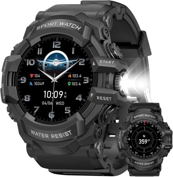 MIDDOW Military Smart Watch with Flashlight (Answer/Make Cal...
