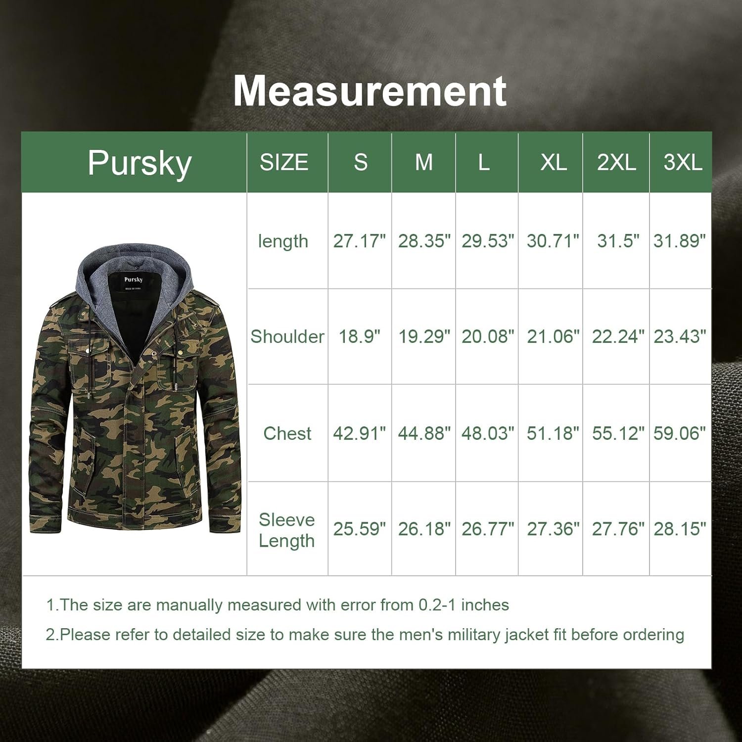 Pursky Men's Military Jacket Casual Washed Cotton Hooded Can... - Image 7