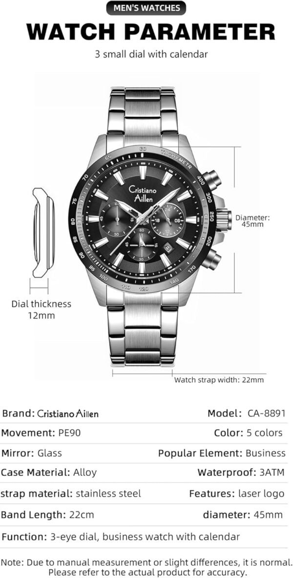 Watches for Men Stainless Steel Waterproof Analog Quartz Chr... - Image 6