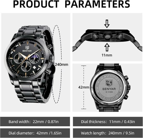 BY BENYAR Mens Watches Analog Quartz Chronograph Waterproof ... - Image 6