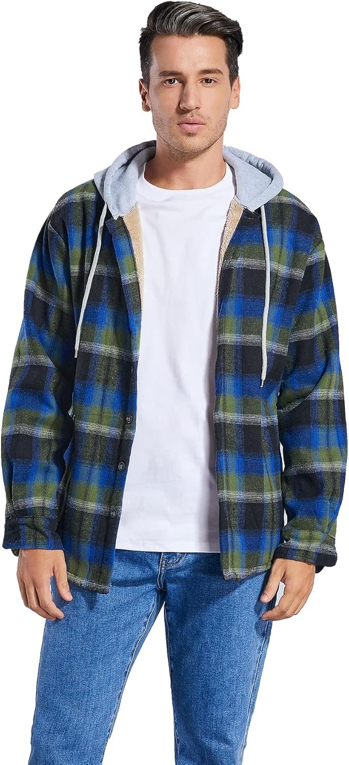 Men's Cotton Plaid Shirts Jacket Fleece Lined Flannel Shirts... - Image 4