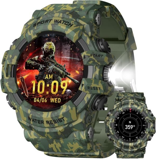 MIDDOW Military Smart Watch with Flashlight (Answer/Make Cal...