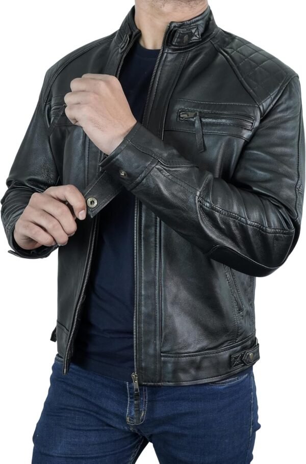 Quilted Biker Mens Leather Jacket - Real Lambskin Moto Style...
