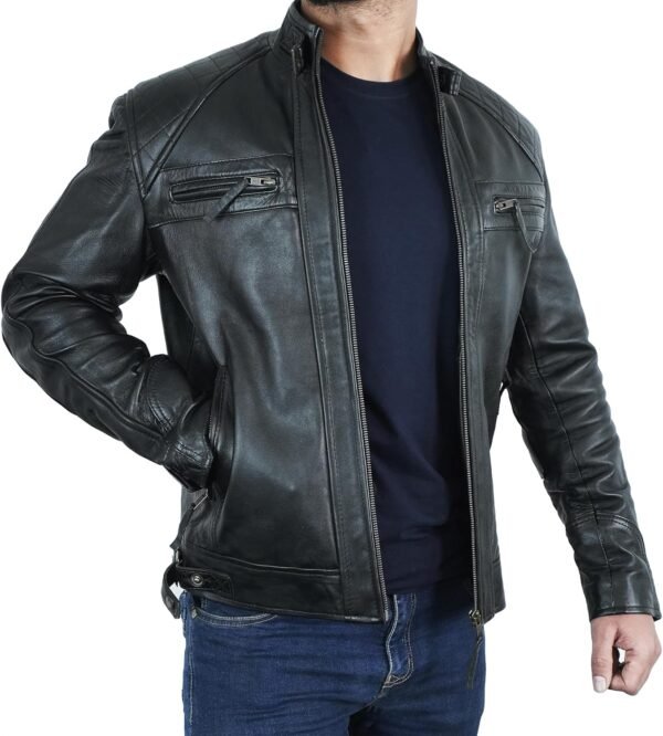 Quilted Biker Mens Leather Jacket - Real Lambskin Moto Style...