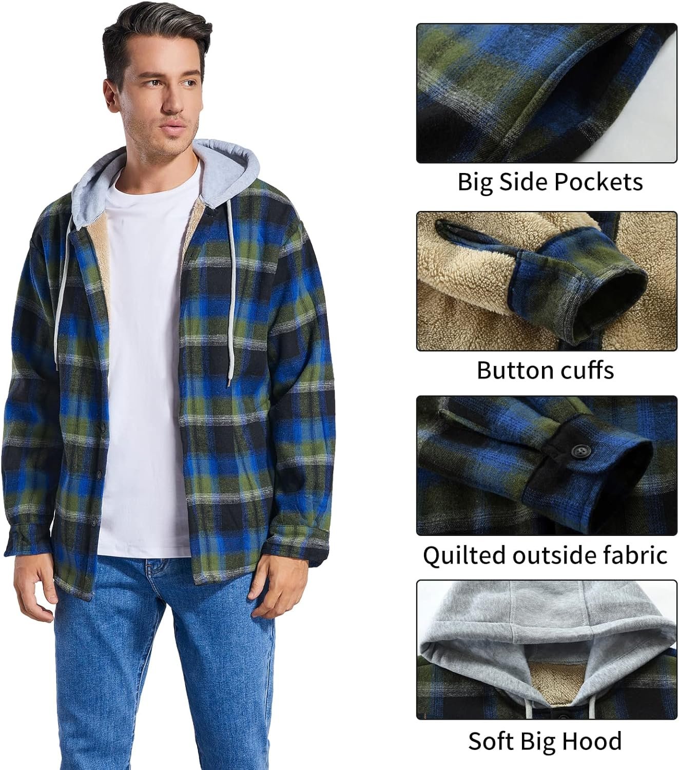 Men's Cotton Plaid Shirts Jacket Fleece Lined Flannel Shirts... - Image 7