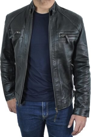 Quilted Biker Mens Leather Jacket - Real Lambskin Moto Style...