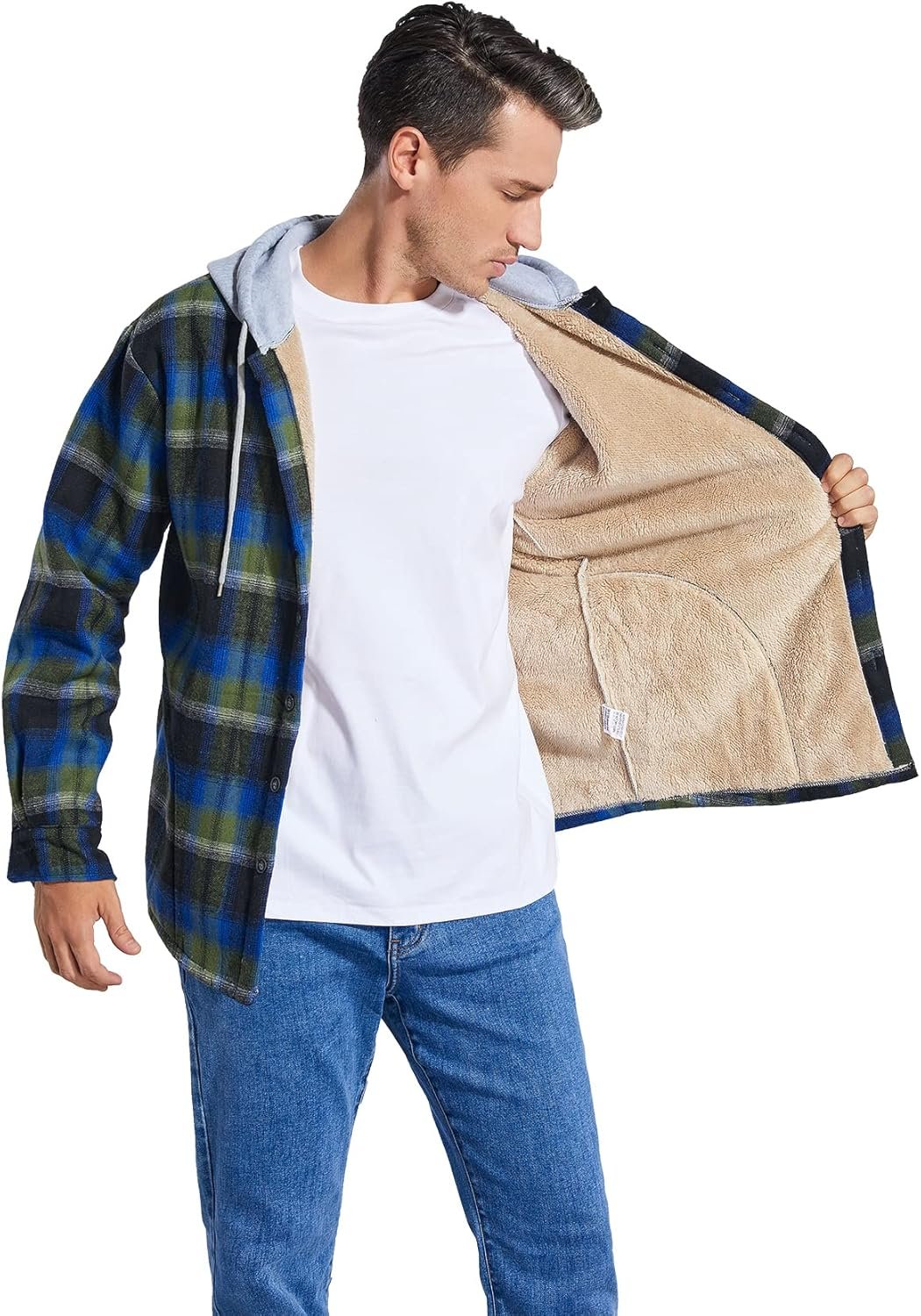 Men's Cotton Plaid Shirts Jacket Fleece Lined Flannel Shirts... - Image 5