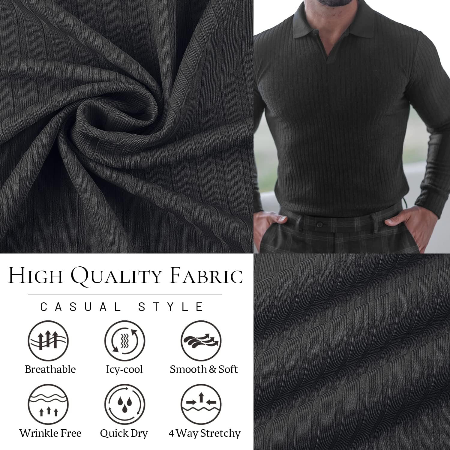 Collared Muscle Shirts for Men Ribbed Knit Slim Fit Polo Shi... - Image 3