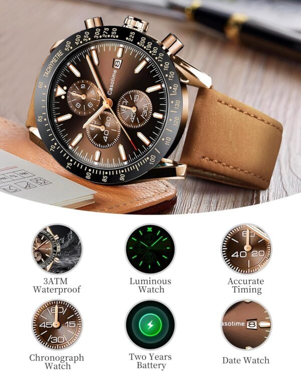 Men's Leather Band Chronograph Watch - 30M Waterproof Big Fa...