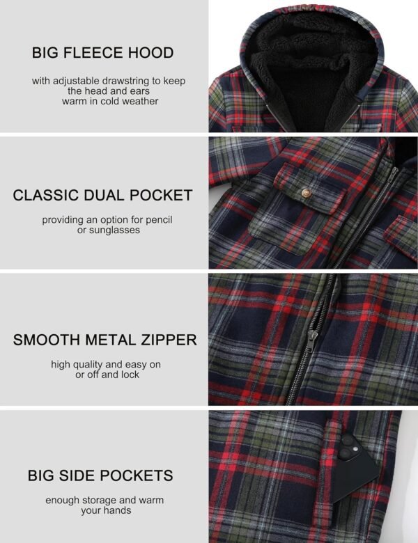 Men's Flannel Plaid Hooded Jackets Full Zip Sherpa Fleece Li...