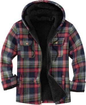 Men's Flannel Plaid Hooded Jackets Full Zip Sherpa Fleece Li...