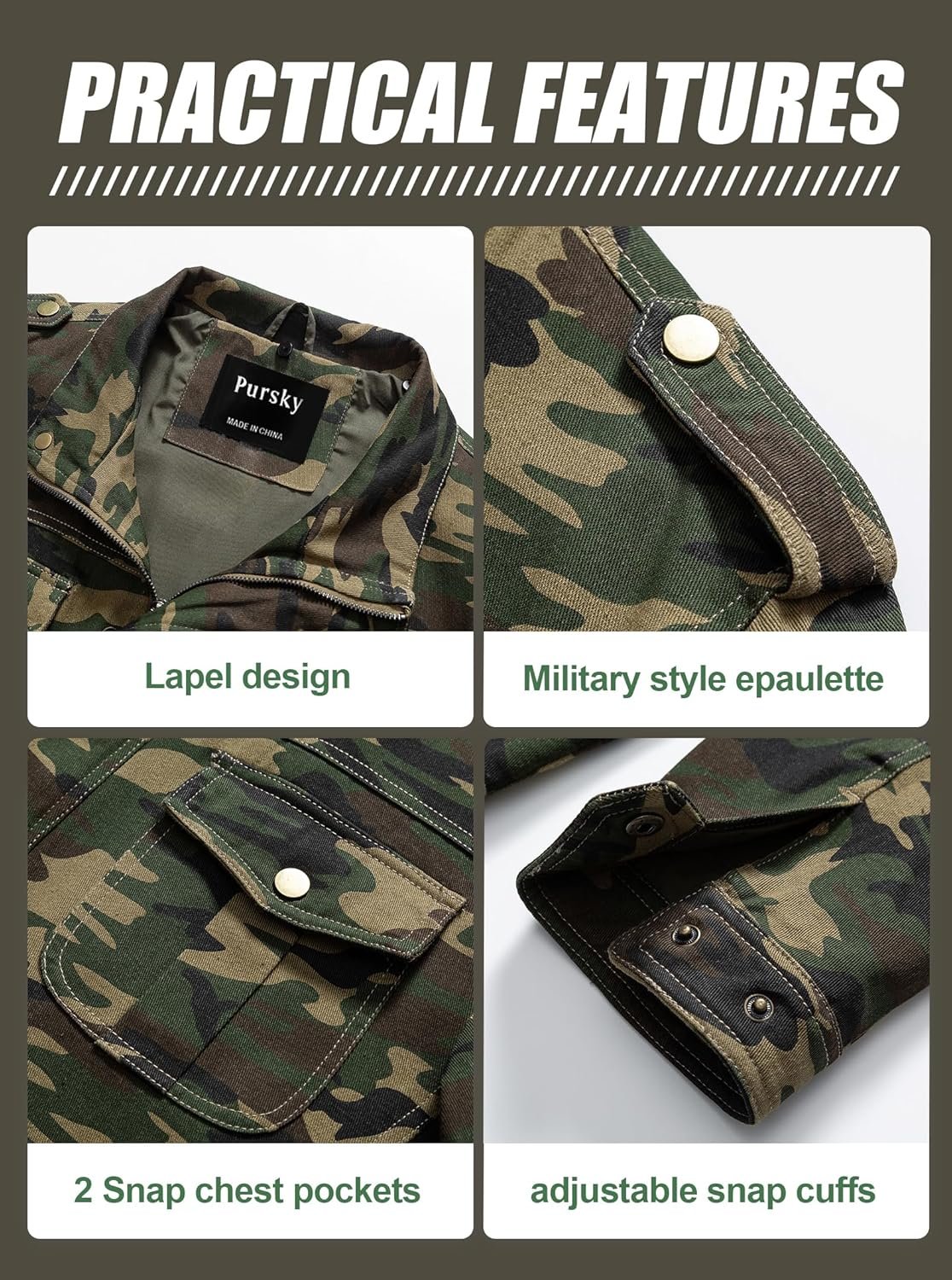 Pursky Men's Military Jacket Casual Washed Cotton Hooded Can... - Image 5