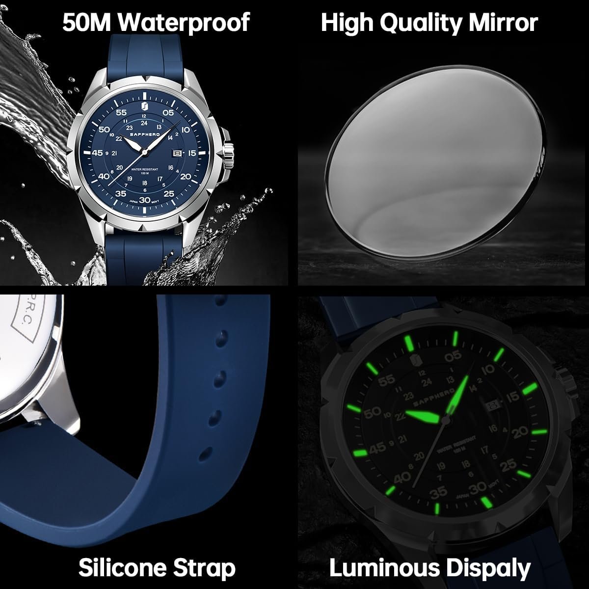 SAPPHERO Men's Silicone Waterproof Watch 5ATM Japanese Quart... - Image 6