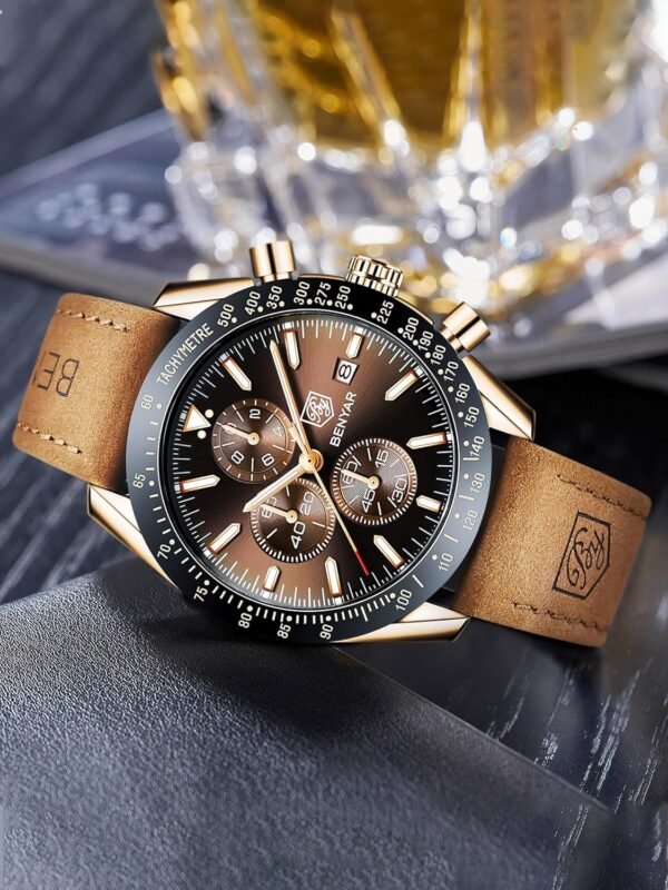 BENYAR Mens Watches Quartz Movement Chronograph Leather Stra... - Image 2
