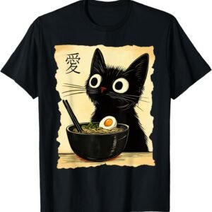 Funny Cat Ramen Graphic Tee Japanese Kawaii Anime Cat T-Shir...