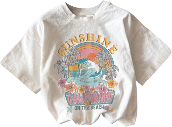Girl's Graphic Print Tee Shirt Round Neck Short Sleeve T Shi...