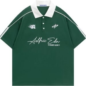 Aelfric Eden Mens Vintage Letter Polo Tee Oversized Button C...