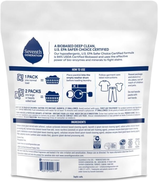 Seventh Generation Laundry Detergent Packs, Free & Clear, Made for Sensitive Skin, 45 Count - Image 2