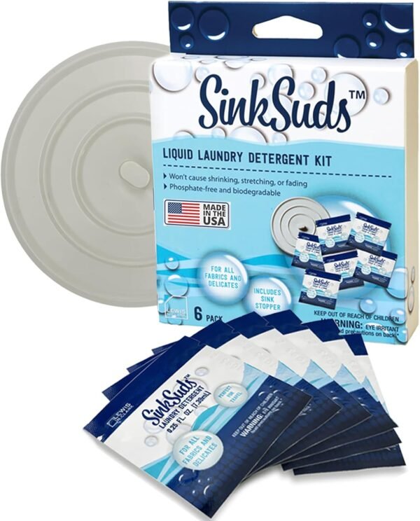 SinkSuds Laundry Detergent Travel Size Liquid Soap TSA Compliant Safe for All Fabrics 6 Packets & 1 Sink Stopper