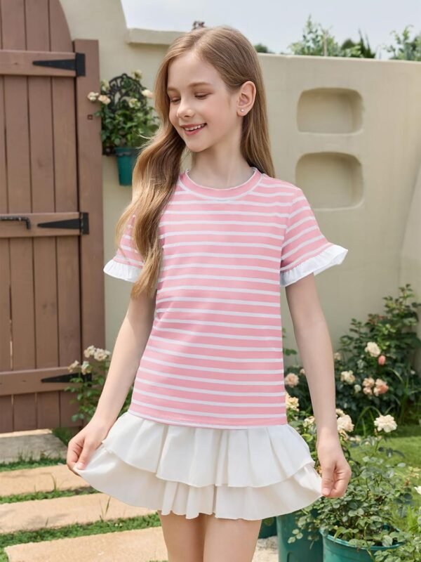 Haloumoning Girls Striped Ruffle Short Sleeve T Shirts Kids ... - Image 2