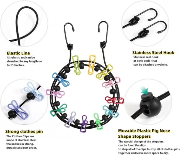 Clothesline，Retractable Portable Clothesline for Travel，Clothing line with 12 Clothes Clips，for Indoor and Outdoor Laundry Drying line，Outdoor Camping Accessories - Image 3