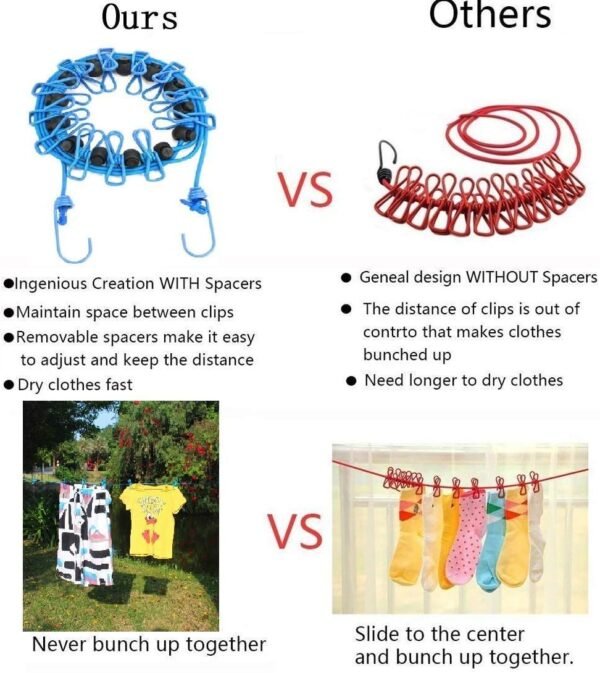 2 Pack Portable Clothesline with 12 Clothespins, Windproof Travel Stretchy Retractable Elastic Laundry Clothes Line for Backyard, Vacation Hotel, Balcony Drying - Image 5