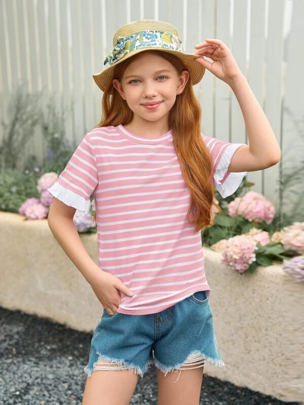 Haloumoning Girls Striped Ruffle Short Sleeve T Shirts Kids ... - Image 5