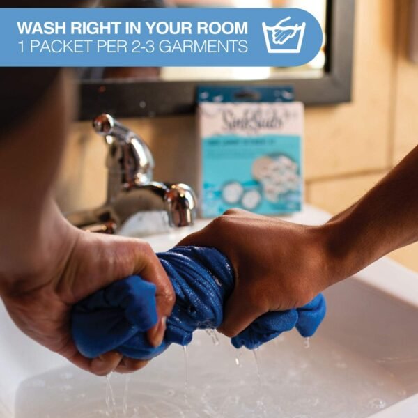 SinkSuds Laundry Detergent Travel Size Liquid Soap TSA Compliant Safe for All Fabrics 6 Packets & 1 Sink Stopper - Image 7