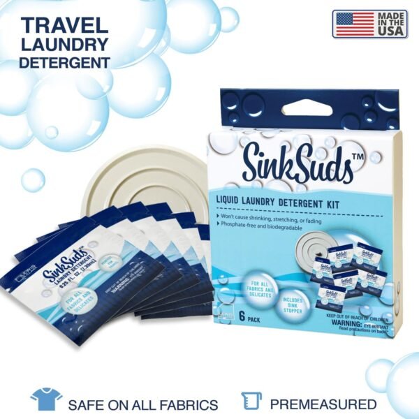 SinkSuds Laundry Detergent Travel Size Liquid Soap TSA Compliant Safe for All Fabrics 6 Packets & 1 Sink Stopper - Image 2