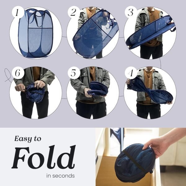 Collapsible Pop Up Laundry Basket, Hamper with Sturdy Handles and Side Pocket - Mesh Portable Foldable Dirty Clothes Hamper for Dorm, Laundry room, Bathroom and Travel Storage, Navy Blue - Image 7