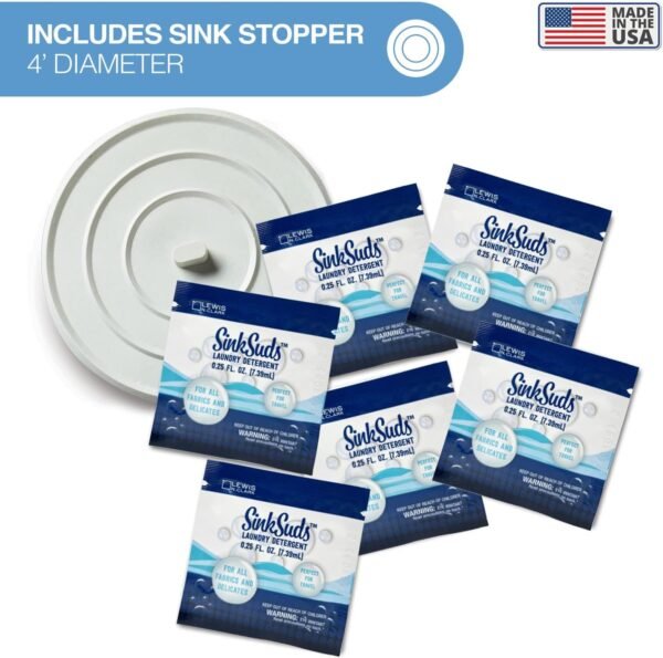 SinkSuds Laundry Detergent Travel Size Liquid Soap TSA Compliant Safe for All Fabrics 6 Packets & 1 Sink Stopper - Image 6