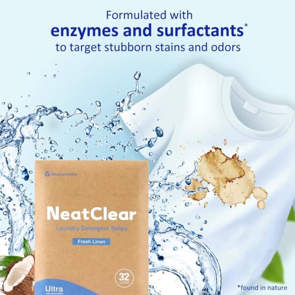 Eco-friendly Laundry Detergent Sheets, Travel Size Liquidless Soap Sheets NeatClear | No Mess & Space-Saving, Great For Travel, Apartments, Dorms | Fresh Linen Scent 32 Laundry Strips (32 Loads) - Image 3