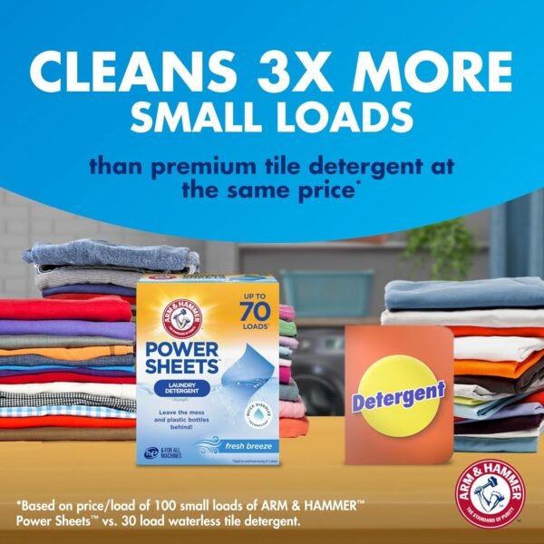 ARM & HAMMER Power Sheets Laundry Detergent, Fresh Breeze Scent, Dissolves in All Wash Temps, Lightweight and Travel-Ready, 60ct, Up to 120 Small Loads - Image 7