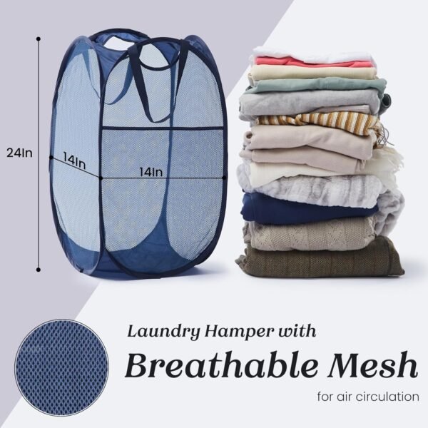 Collapsible Pop Up Laundry Basket, Hamper with Sturdy Handles and Side Pocket - Mesh Portable Foldable Dirty Clothes Hamper for Dorm, Laundry room, Bathroom and Travel Storage, Navy Blue - Image 5