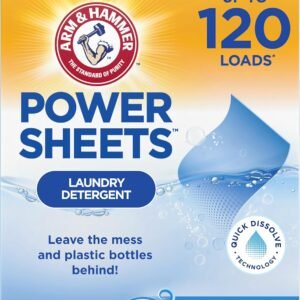 ARM & HAMMER Power Sheets Laundry Detergent, Fresh Breeze Scent, Dissolves in All Wash Temps, Lightweight and Travel-Ready, 60ct, Up to 120 Small Loads