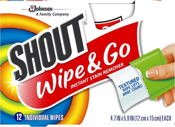 Shout Wipes Stain Remover for Clothes Laundry, Instant Stain Remover and Individually Wrapped, Travel Essentials, Works on Everyday Stains, 12 Wipes per Carton (6 Cartons)