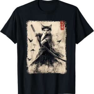 Samurai Cat Graphic Tee Warrior Vintage Japanese Art Anime T...