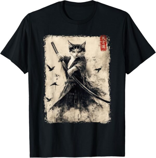 Samurai Cat Graphic Tee Warrior Vintage Japanese Art Anime T...