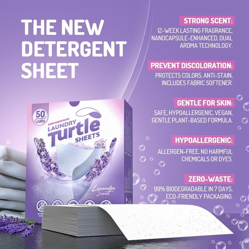 Laundry Turtle - Lavender Laundry Sheets Up to 100 Machine Loads – Strips, Travel Size, 50 Non Toxic Laundry Detergent Sheets, Fresh Scent Washing Detergent, Strong Organic Cleaning Power - Image 4