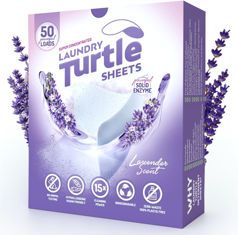 Laundry Turtle - Lavender Laundry Sheets Up to 100 Machine Loads – Strips, Travel Size, 50 Non Toxic Laundry Detergent Sheets, Fresh Scent Washing Detergent, Strong Organic Cleaning Power - Image 8