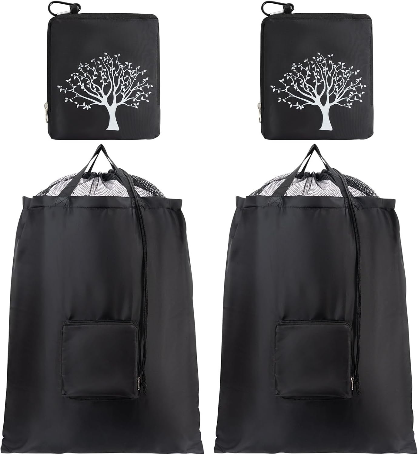 2 Packs Travel Laundry Bags, CLEADUS Foldable Dirty Clothes Bag 【Upgraded】 with Drawstring Mesh, Handles, and Carabiner, Portable, Suitable for Travel, Gym, Camping (Black)