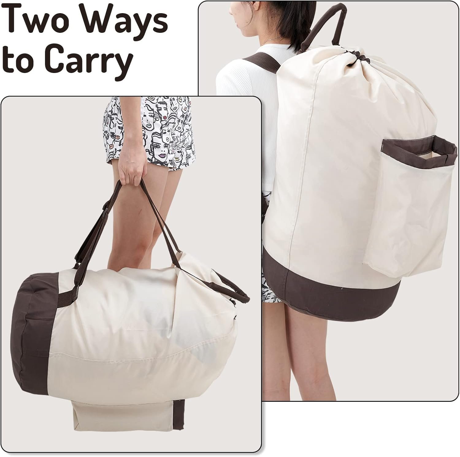 Laundry Bag Backpack with Shoulder Straps and Detergent Holder Clothes, Travel Laundry Backpack Bag Hamper for College Dorm Room (Khaki w Brown) - Image 5