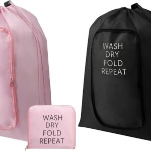 2 Pcs Travel Laundry Bag Washable Dirty Clothes Bag with Drawstring and Zipper for Suitcase, 22 x 18 Inch (Pink, Black,Classic)