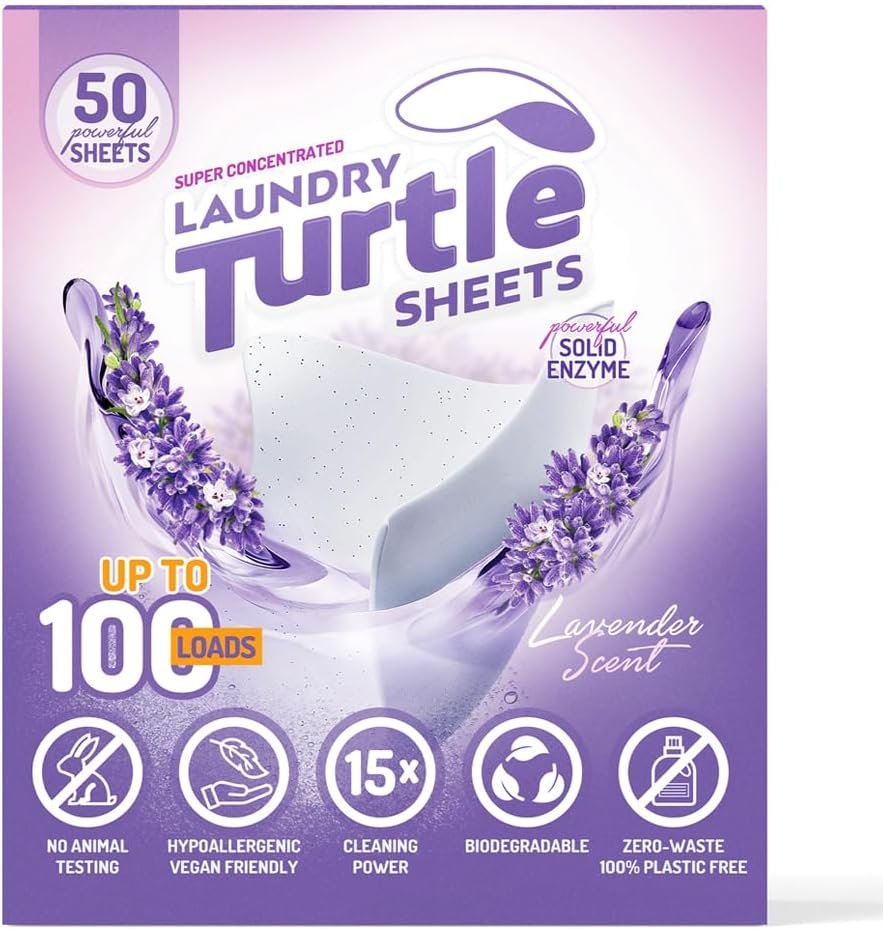 Laundry Turtle - Lavender Laundry Sheets Up to 100 Machine Loads – Strips, Travel Size, 50 Non Toxic Laundry Detergent Sheets, Fresh Scent Washing Detergent, Strong Organic Cleaning Power