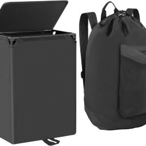 60L 2-in-1 Laundry Hamper with Laundry Backpack, Waterproof Basket with Lid, Laundry Bag with Shoulder Straps and Mesh Pocket, Hamper for College Dorm, Travel, Apartment, Laundromat