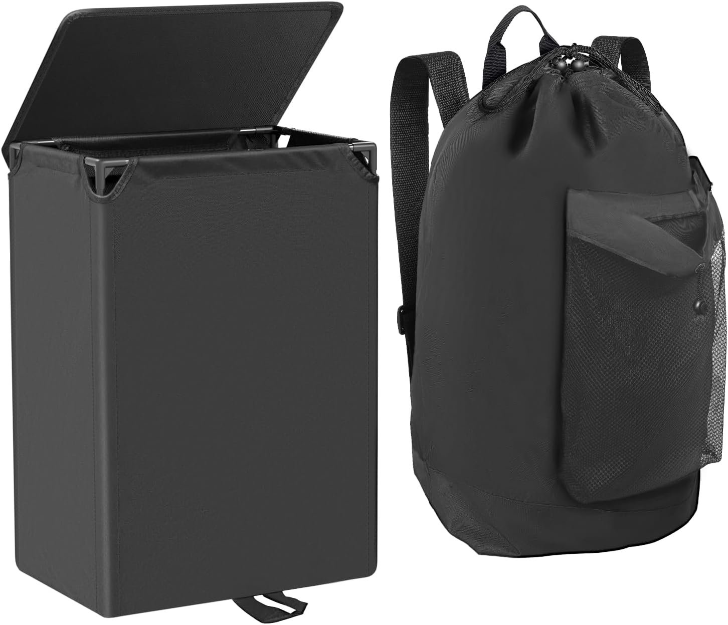 60L 2-in-1 Laundry Hamper with Laundry Backpack, Waterproof Basket with Lid, Laundry Bag with Shoulder Straps and Mesh Pocket, Hamper for College Dorm, Travel, Apartment, Laundromat