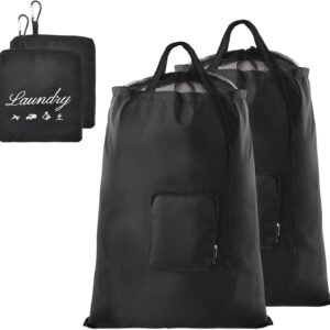 Travel Laundry Bags, 2Pcs JHX Foldable Dirty Clothes Bag 【Upgraded】 with Fixed Drawstring Net, Handles and Carabiner, Portable Laundry Bags for Travel and Fitness (Dark-Black) 30"H x 21"W